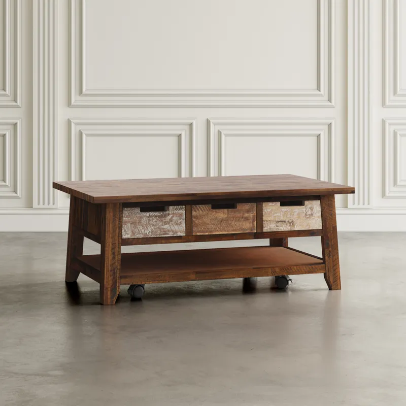 Painted Canyon Rustic Solid Acacia 50\" Coffee Table With Pull Through Drawers And Caster Wheels