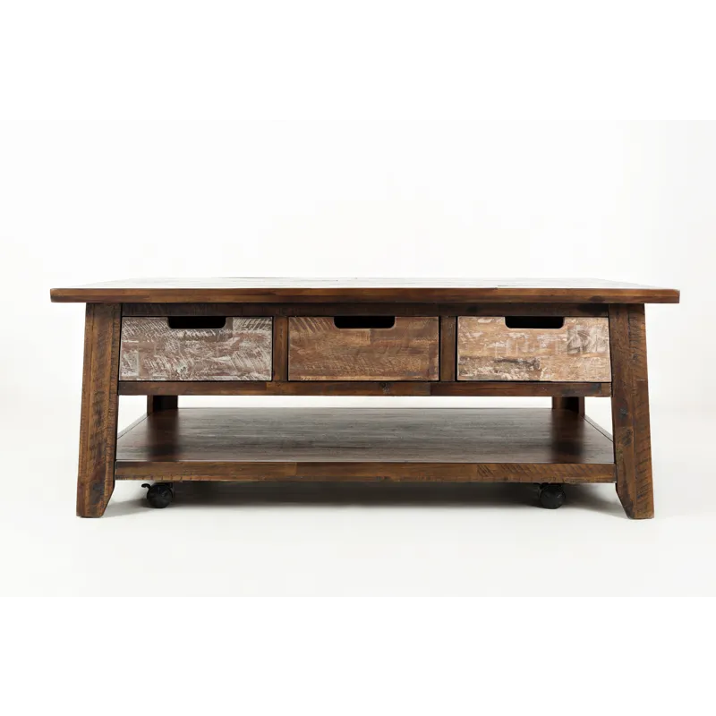 Painted Canyon Rustic Solid Acacia 50\" Coffee Table With Pull Through Drawers And Caster Wheels