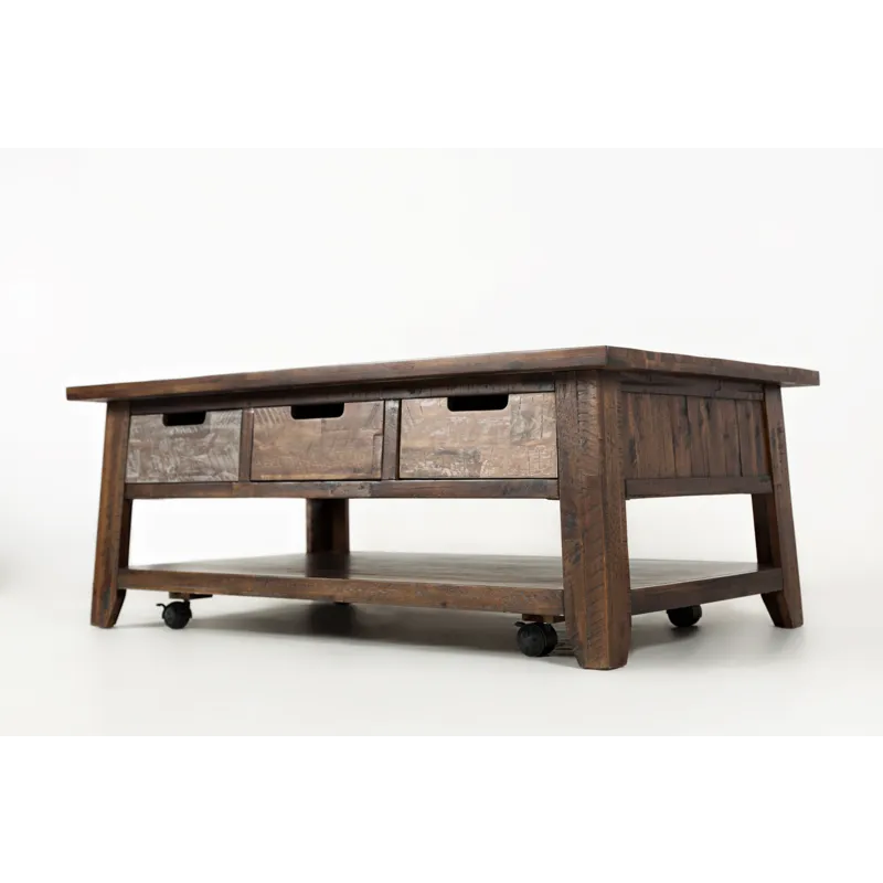 Painted Canyon Rustic Solid Acacia 50\" Coffee Table With Pull Through Drawers And Caster Wheels