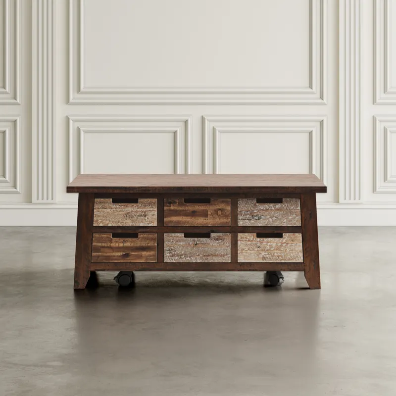Painted Canyon Rustic Solid Acacia Box Coffee Table With Pull-Through Drawers And Caster Wheels