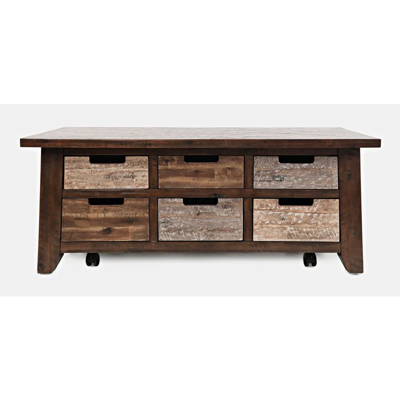 Painted Canyon Rustic Solid Acacia Box Coffee Table With Pull-Through Drawers And Caster Wheels