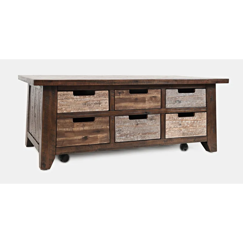Painted Canyon Rustic Solid Acacia Box Coffee Table With Pull-Through Drawers And Caster Wheels