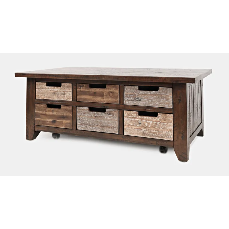 Painted Canyon Rustic Solid Acacia Box Coffee Table With Pull-Through Drawers And Caster Wheels