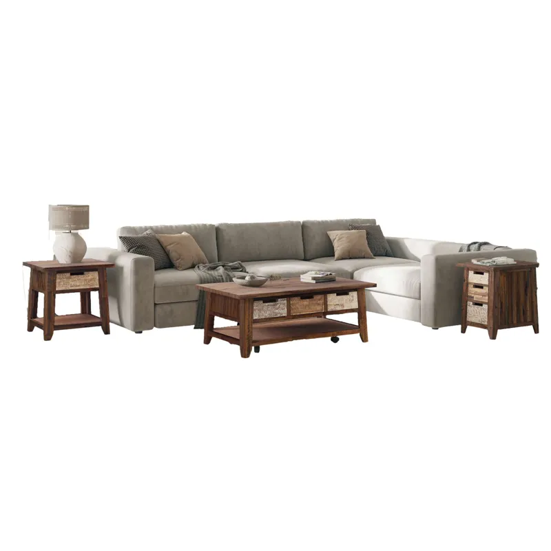 Painted Canyon Rustic Three Piece Living Room Coffee, End Table And USB Charging Table Set