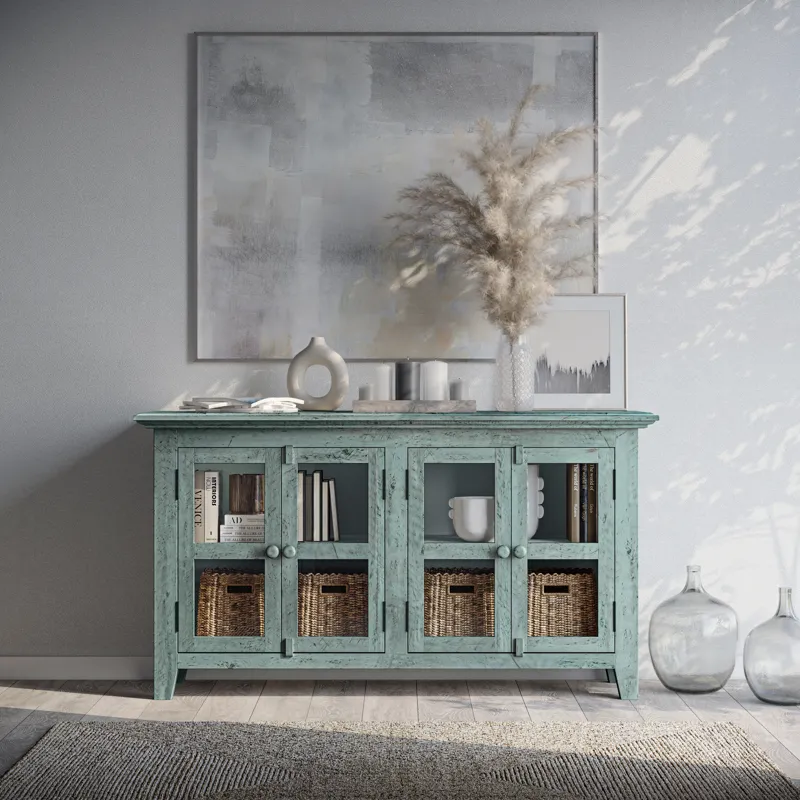 Rustic Shores 54\" Coastal Distressed Acacia Four-Door Credenza Cabinet
