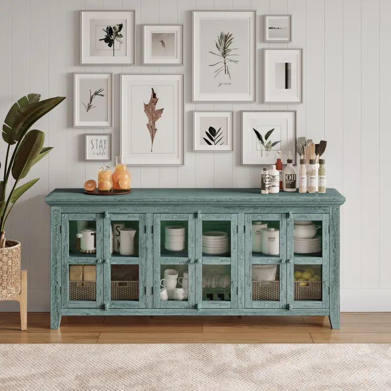 Rustic Shores 70\" Coastal Distressed Acacia Six-Door Sideboard Cabinet