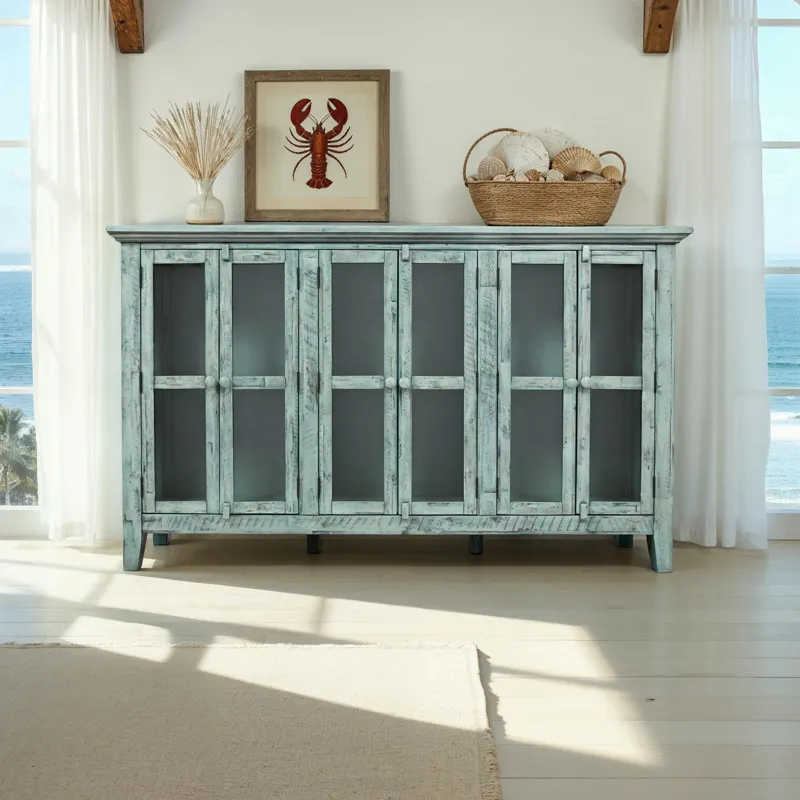 Rustic Shores 70\" Coastal Distressed Acacia Six-Door Accent Cabinet