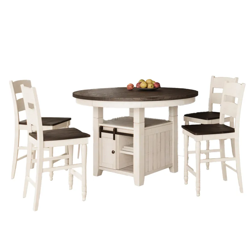 Madison County Rustic Farmhouse Five Piece Reclaimed Solid Wood Counter Height Round Dining Set With