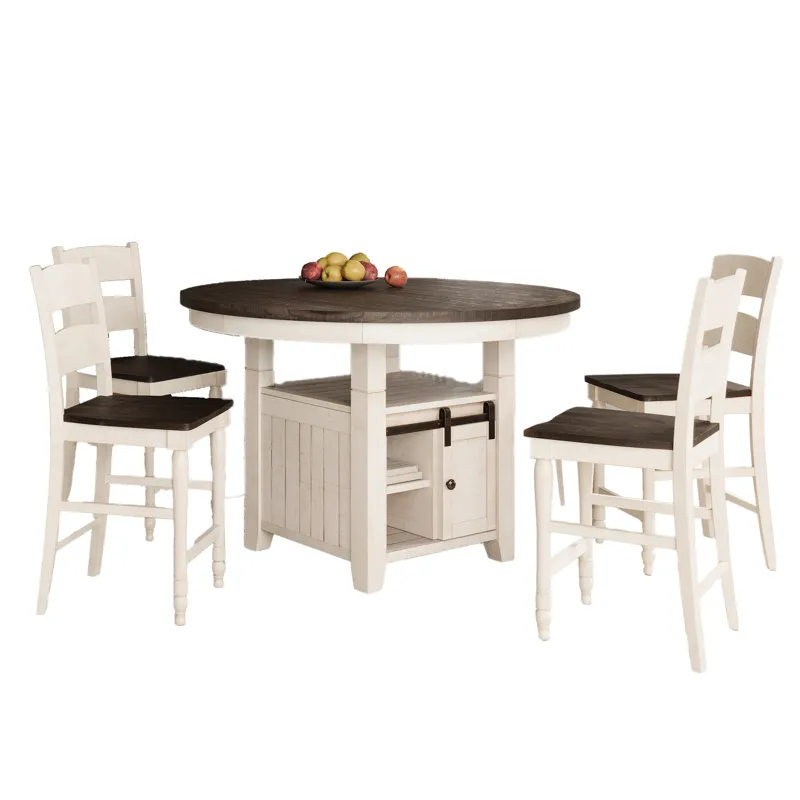 Madison County Rustic Farmhouse Five Piece Reclaimed Solid Wood Counter Height Round Dining Set With