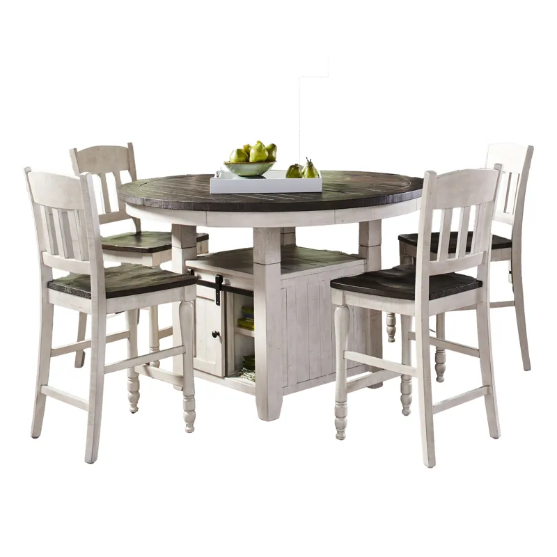 Madison County Rustic Farmhouse Five Piece Reclaimed Solid Wood Counter Height Round Dining Set With