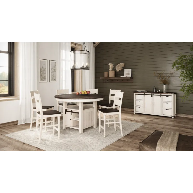 Madison County Rustic Farmhouse Seven Piece Reclaimed Solid Wood Counter Height Round Dining Set Wit
