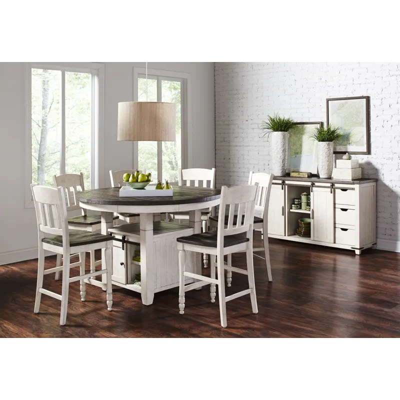 Madison County Rustic Farmhouse Seven Piece Reclaimed Solid Wood Counter Height Round Dining Set Wit