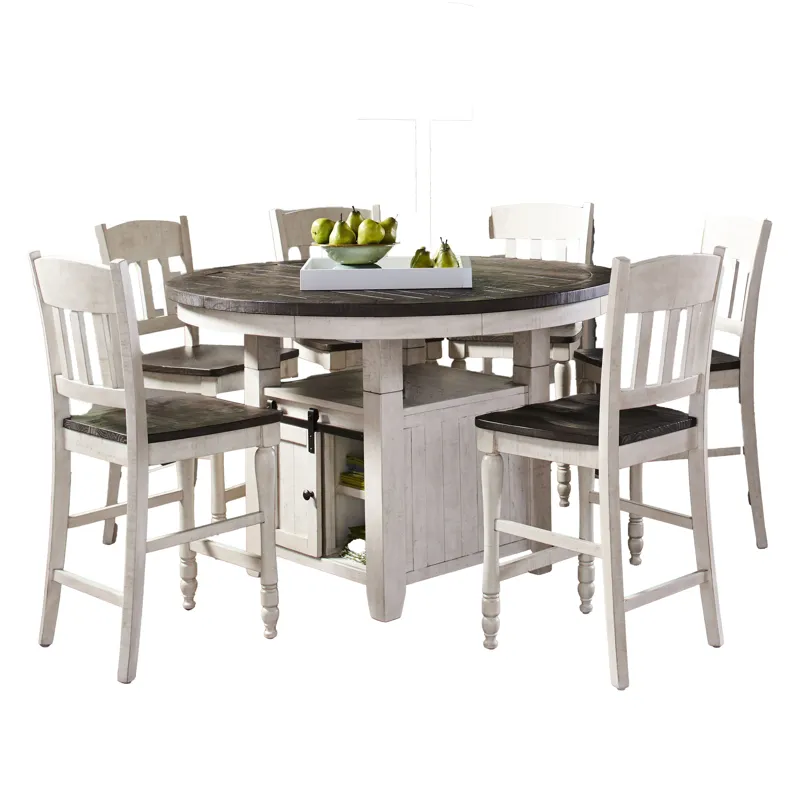 Madison County Rustic Farmhouse Seven Piece Reclaimed Solid Wood Counter Height Round Dining Set Wit