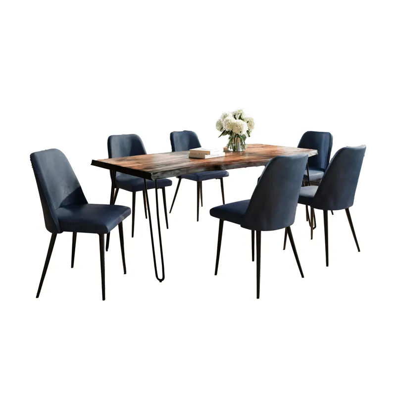 Nature\'s Edge Seven Piece Solid Acacia Dining Set With Upholstered Mid-Century Modern Chairs