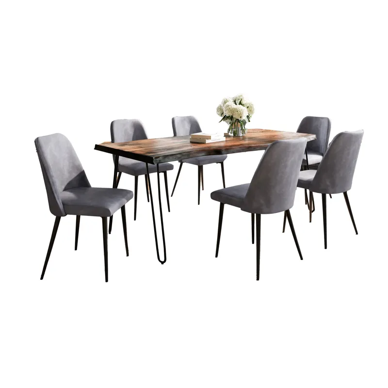 Nature\'s Edge Seven Piece Solid Acacia Dining Set With Upholstered Mid-Century Modern Chairs