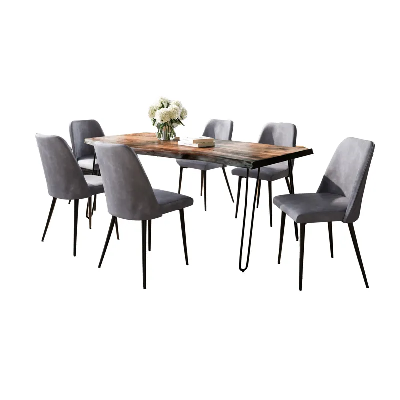 Nature\'s Edge Seven Piece Solid Acacia Dining Set With Upholstered Mid-Century Modern Chairs