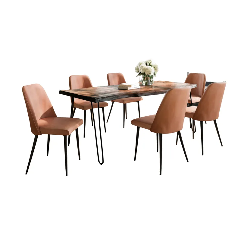 Nature\'s Edge Seven Piece Solid Acacia Dining Set With Upholstered Mid-Century Modern Chairs