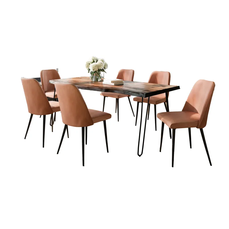 Nature\'s Edge Seven Piece Solid Acacia Dining Set With Upholstered Mid-Century Modern Chairs