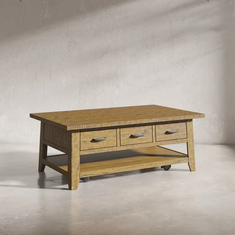 Telluride Rustic Farmhouse Solid Wood 50\" Coffee Table With Caster Wheels And Pull-Through Drawers