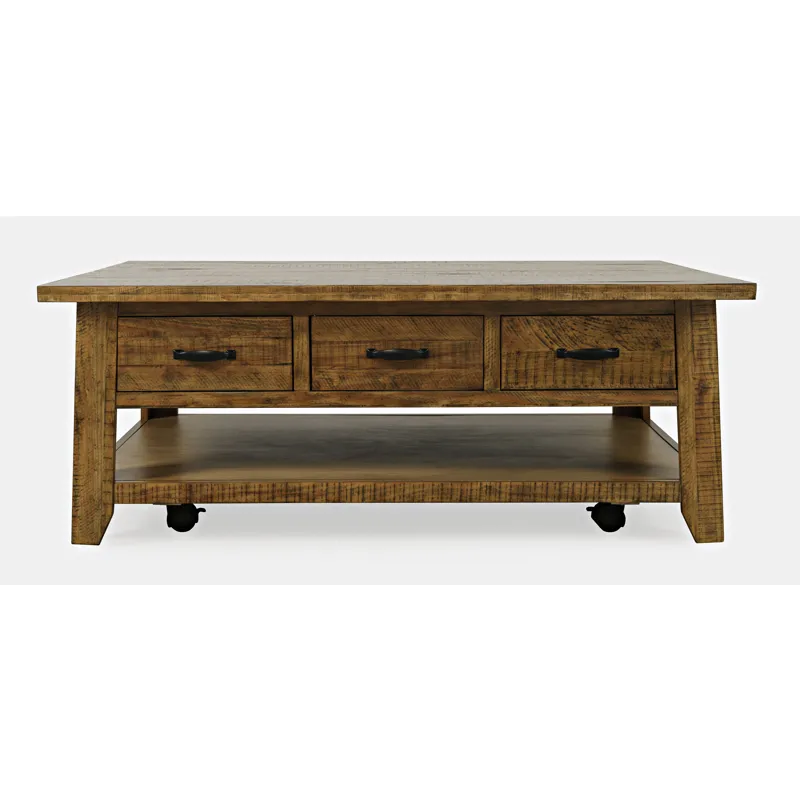 Telluride Rustic Farmhouse Solid Wood 50\" Coffee Table With Caster Wheels And Pull-Through Drawers