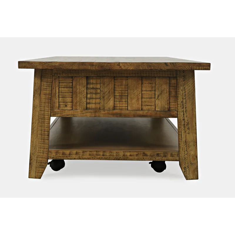 Telluride Rustic Farmhouse Solid Wood 50\" Coffee Table With Caster Wheels And Pull-Through Drawers