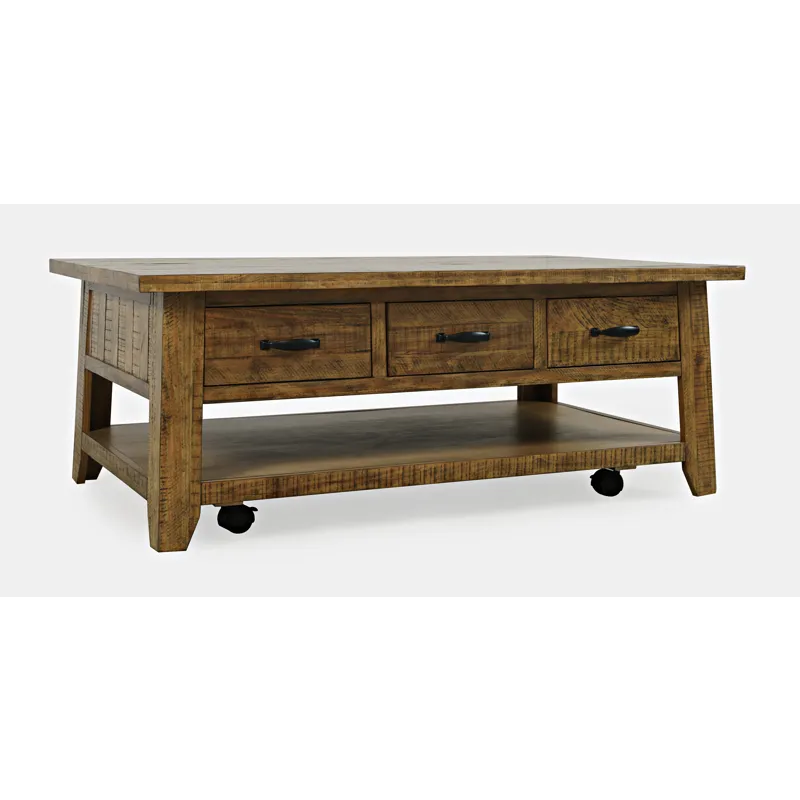 Telluride Rustic Farmhouse Solid Wood 50\" Coffee Table With Caster Wheels And Pull-Through Drawers