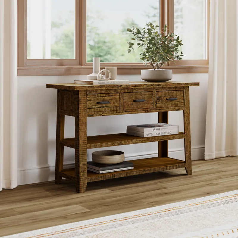 Telluride Rustic Farmhouse Solid Wood 50\" Sofa Table With Drawers And Two Shelves