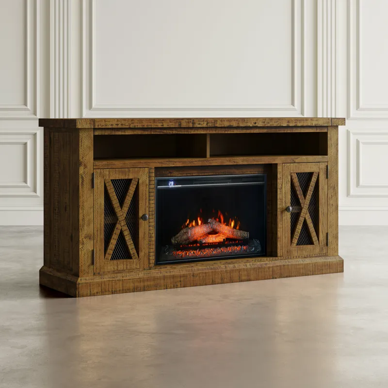 Telluride Rustic Farmhouse Solid Wood 60\" Storage Console TV Stand With Electric Fireplace