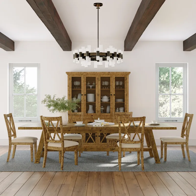 Telluride Seven Piece Rustic Farmhouse Solid Wood 127\" Extendable Dining Set