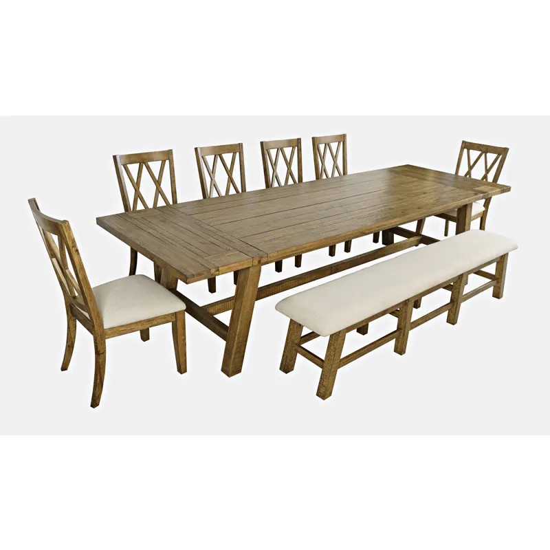 Telluride Eight Piece Rustic Farmhouse Solid Wood 127\" Extendable Dining Set With Bench