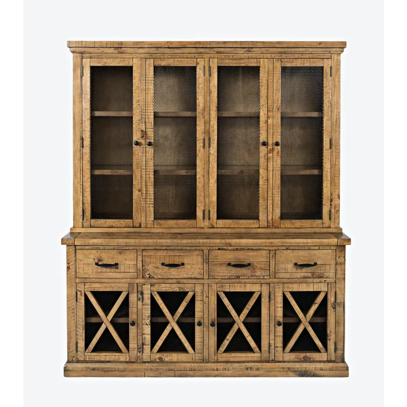 Telluride Rustic Farmhouse Solid Wood Sideboard Buffet Hutch With LED Lights