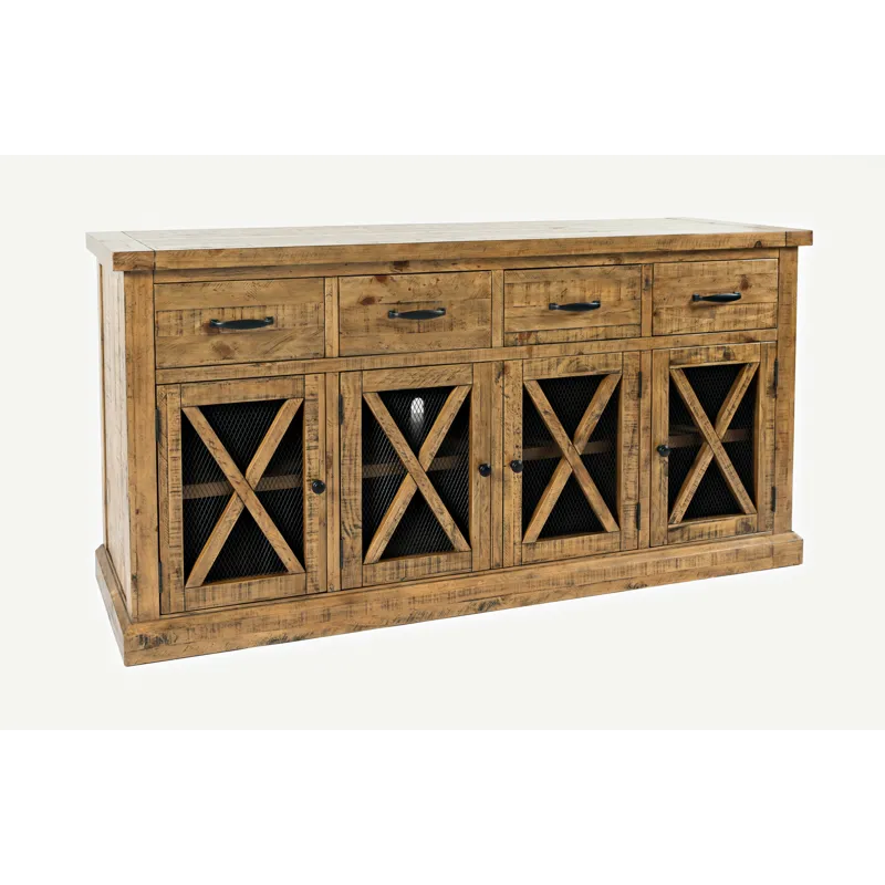 Telluride Rustic Farmhouse Solid Wood Sideboard Buffet Hutch With LED Lights
