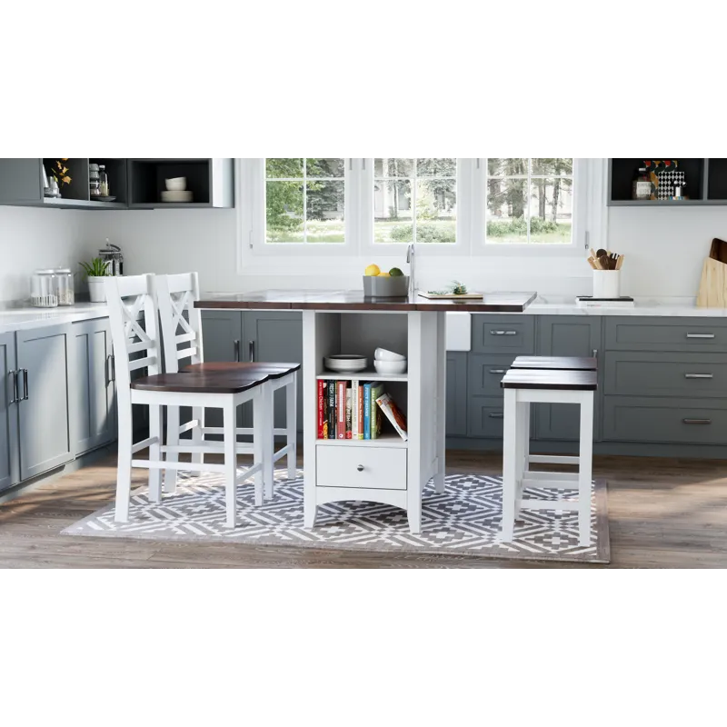 Asbury Park Solid Wood Farmhouse Storage Counter Drop Leaf Dining Table With Wine Rack