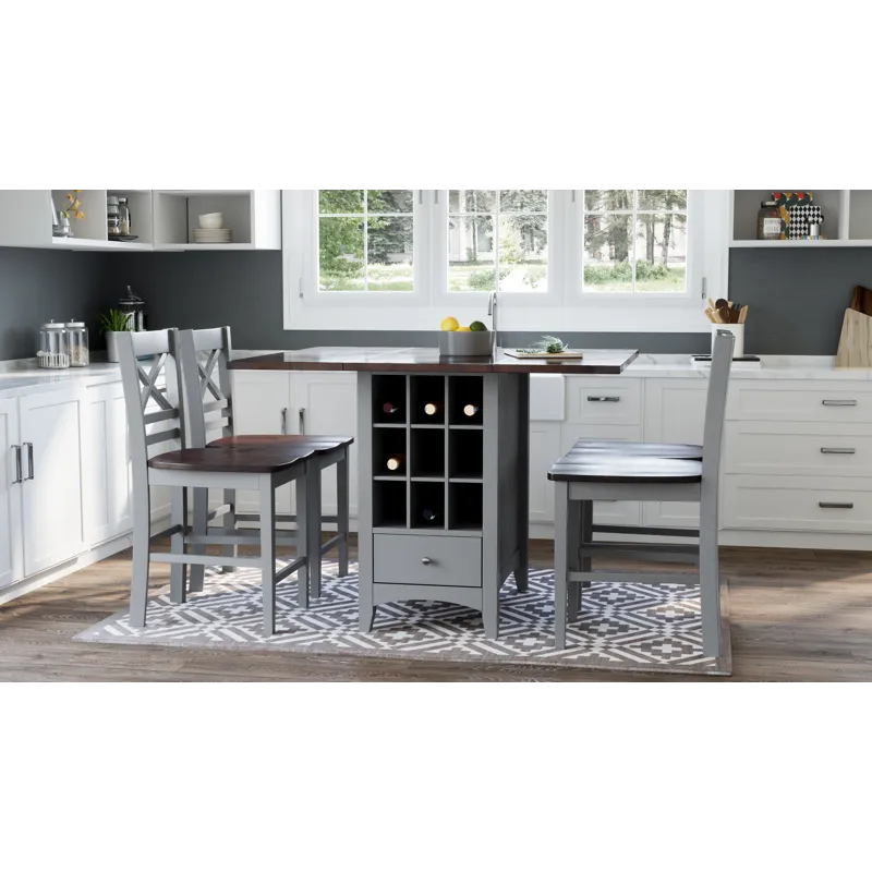 Asbury Park Solid Wood Farmhouse Storage Counter Drop Leaf Dining Table With Wine Rack