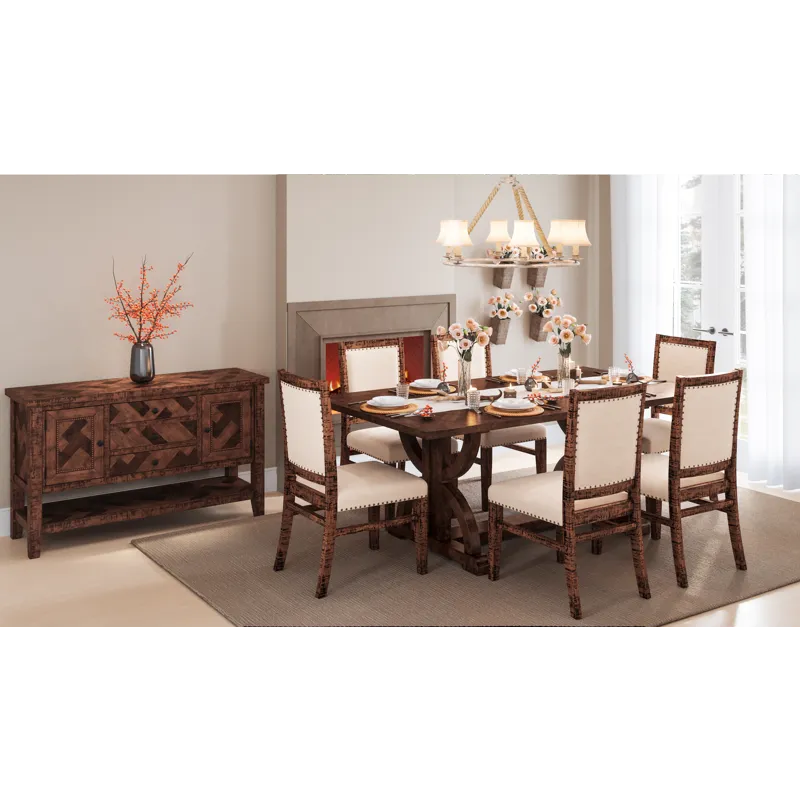 Fairview Transitional Modern Distressed 78\" Seven-Piece Upholstered Dining Set