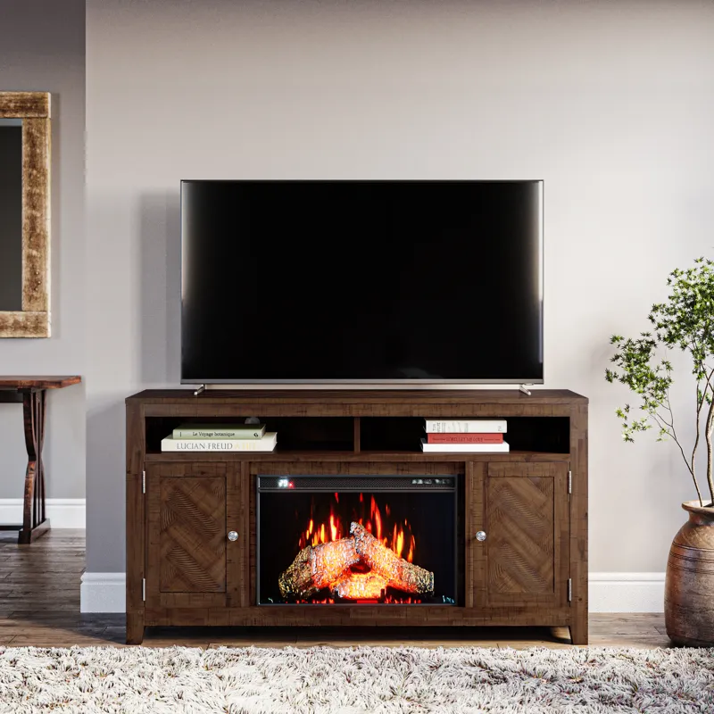 Fairview Modern Transitional 60\" Chevron Fireplace Storage Console TV Stand With Electric Fireplace
