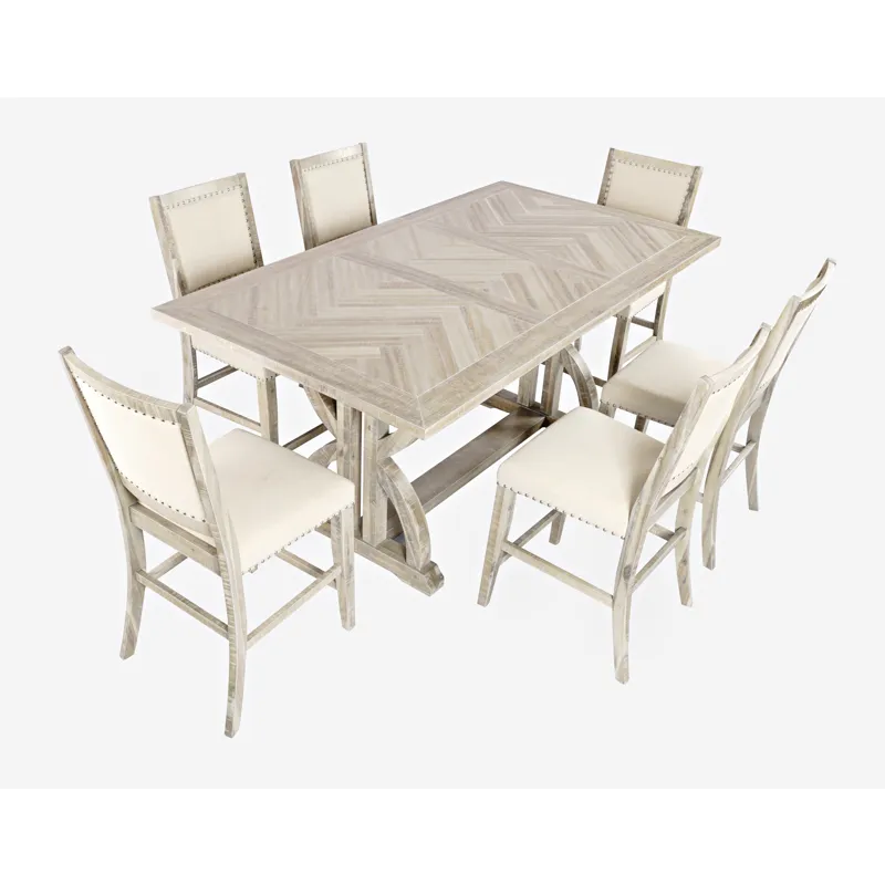 Fairview Transitional Modern Distressed 78\" Seven-Piece Upholstered Counter Height Dining Set