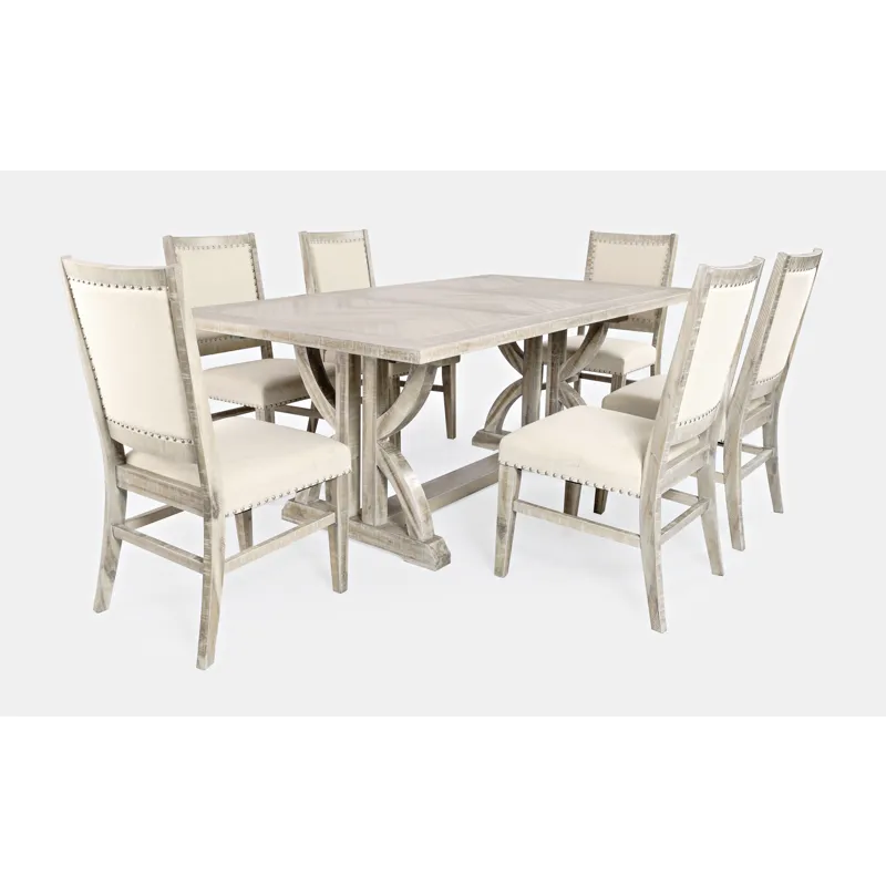 Fairview Transitional Modern Distressed 78\" Seven-Piece Upholstered Dining Set