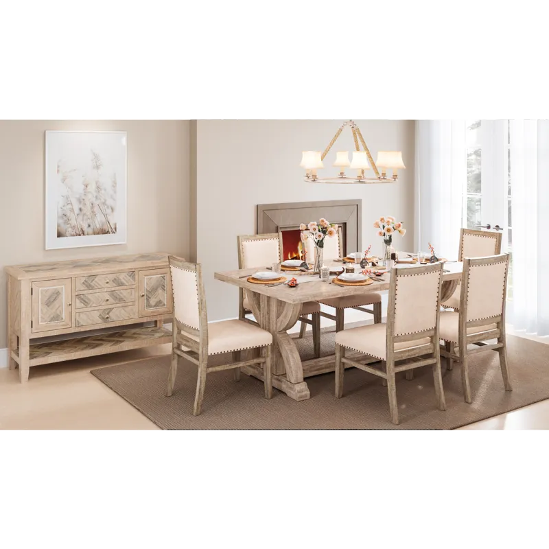 Fairview Transitional Modern Distressed 78\" Seven-Piece Upholstered Dining Set