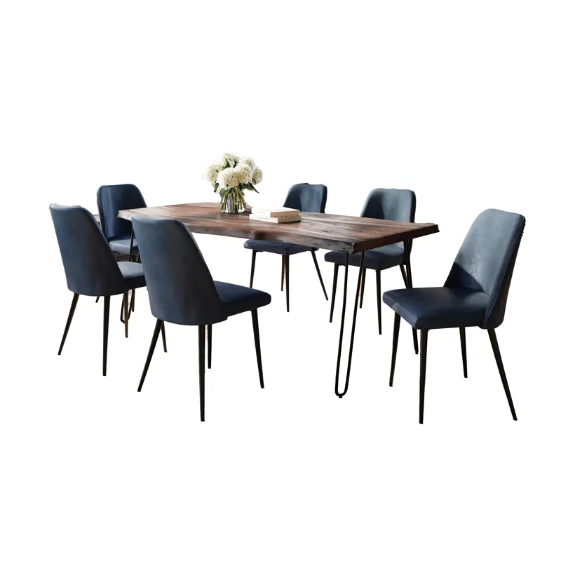 Nature\'s Edge Seven Piece Solid Acacia Dining Set With Upholstered Mid-Century Modern Chairs