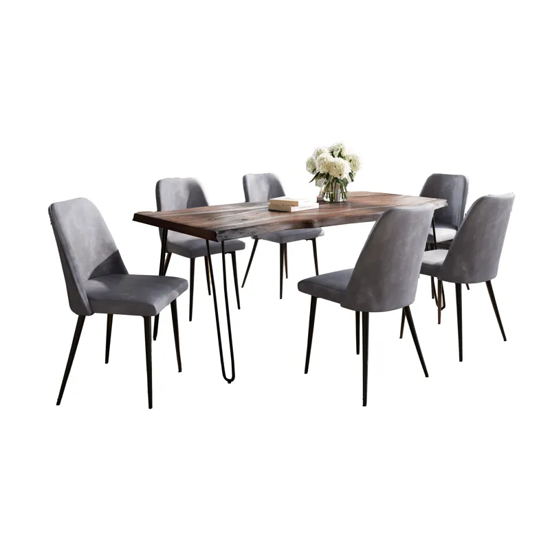 Nature\'s Edge Seven Piece Solid Acacia Dining Set With Upholstered Mid-Century Modern Chairs