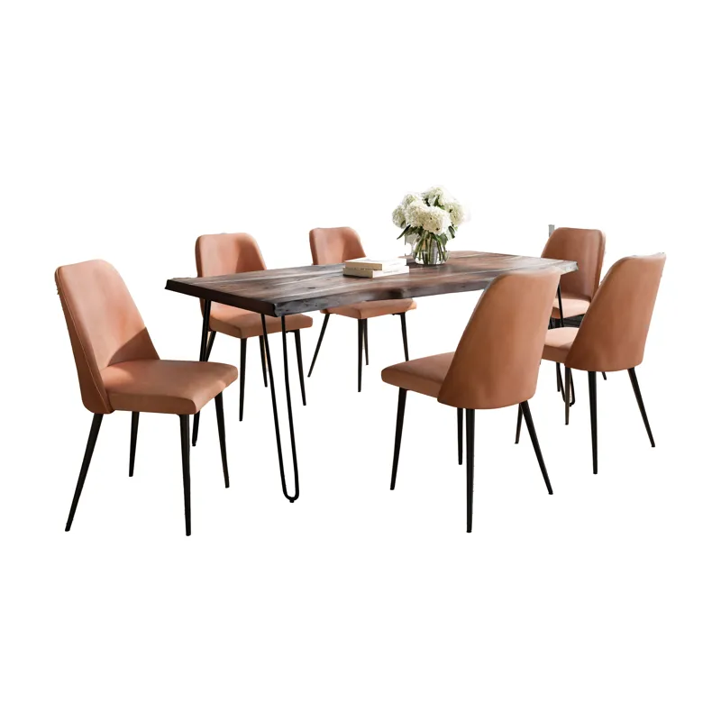 Nature\'s Edge Seven Piece Solid Acacia Dining Set With Upholstered Mid-Century Modern Chairs