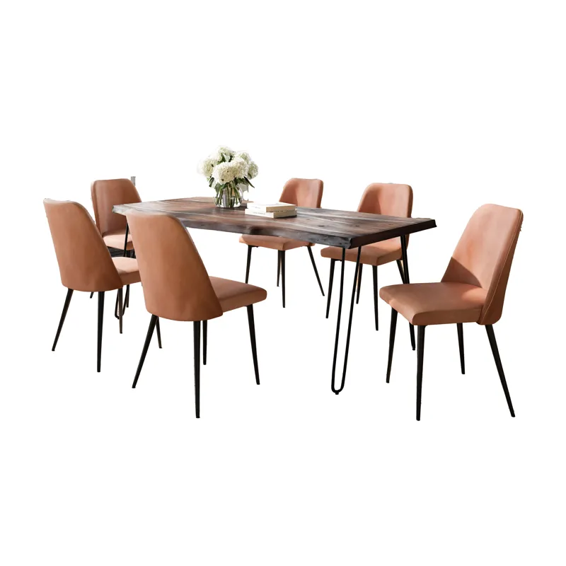 Nature\'s Edge Seven Piece Solid Acacia Dining Set With Upholstered Mid-Century Modern Chairs