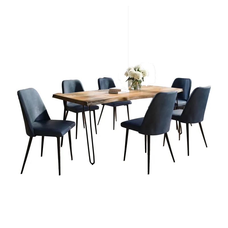 Nature\'s Edge Seven Piece Solid Acacia Dining Set With Upholstered Mid-Century Modern Chairs