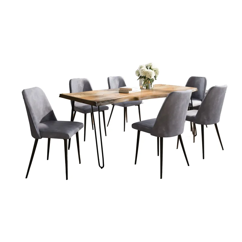 Nature\'s Edge Seven Piece Solid Acacia Dining Set With Upholstered Mid-Century Modern Chairs
