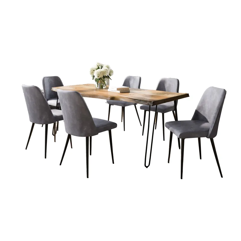 Nature\'s Edge Seven Piece Solid Acacia Dining Set With Upholstered Mid-Century Modern Chairs