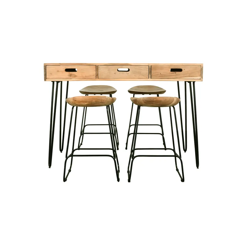 Rollins 52\" Solid Acacia Dining Set With Four Backless Barstools