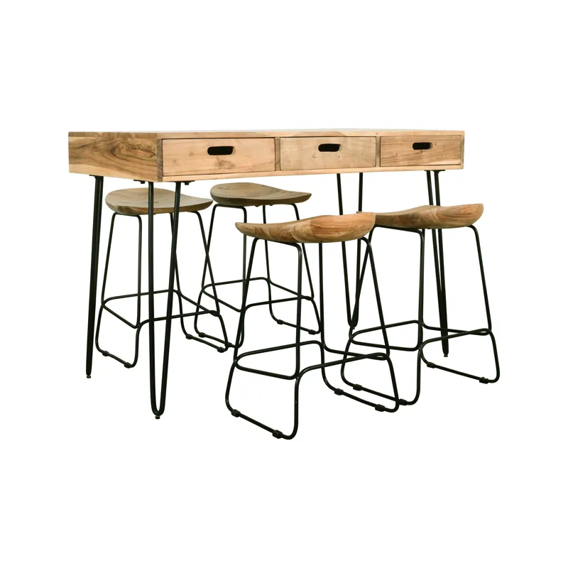 Rollins 52\" Solid Acacia Dining Set With Four Backless Barstools