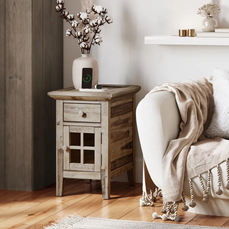 Rustic Shores Distressed Acacia USB Charging Chairside End Table