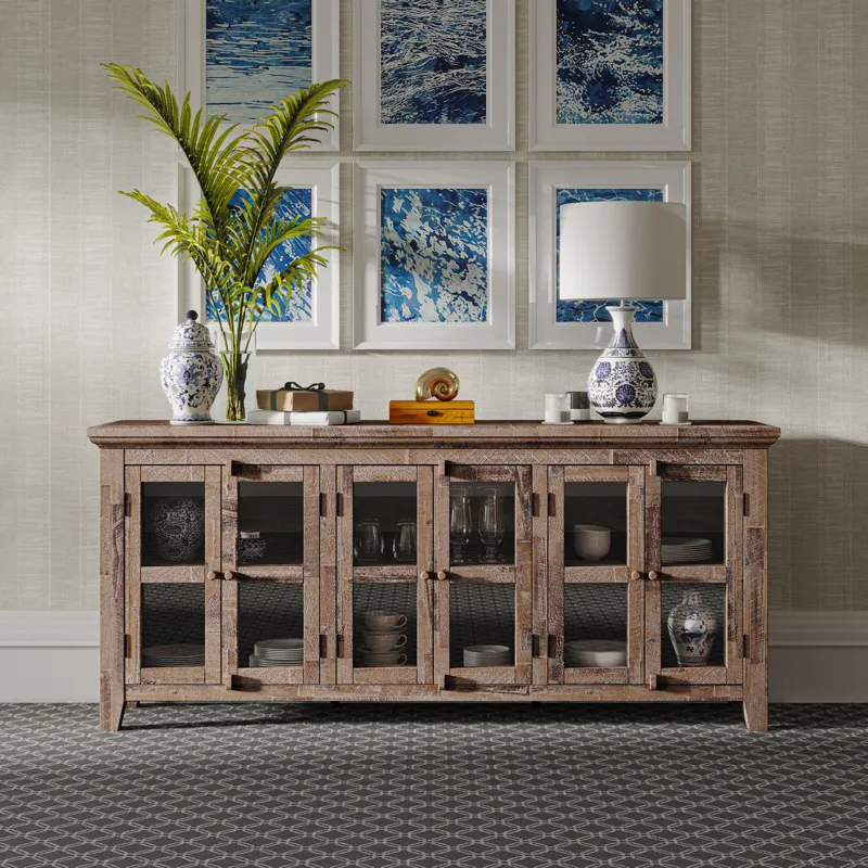 Rustic Shores 70\" Coastal Distressed Acacia Six-Door Sideboard Cabinet